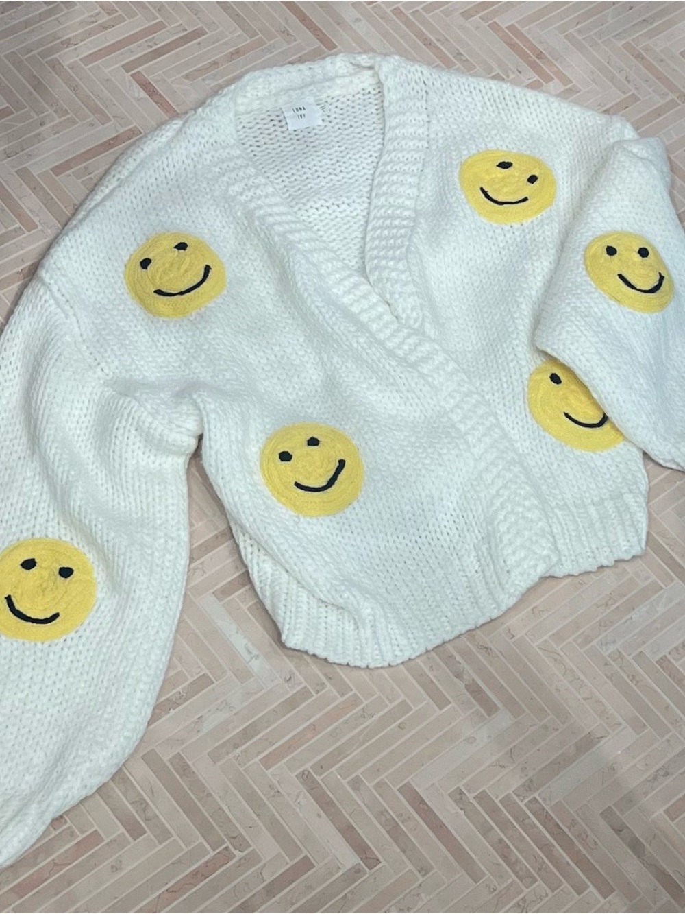 Cozy White Smiley Patch Knit Cardigan